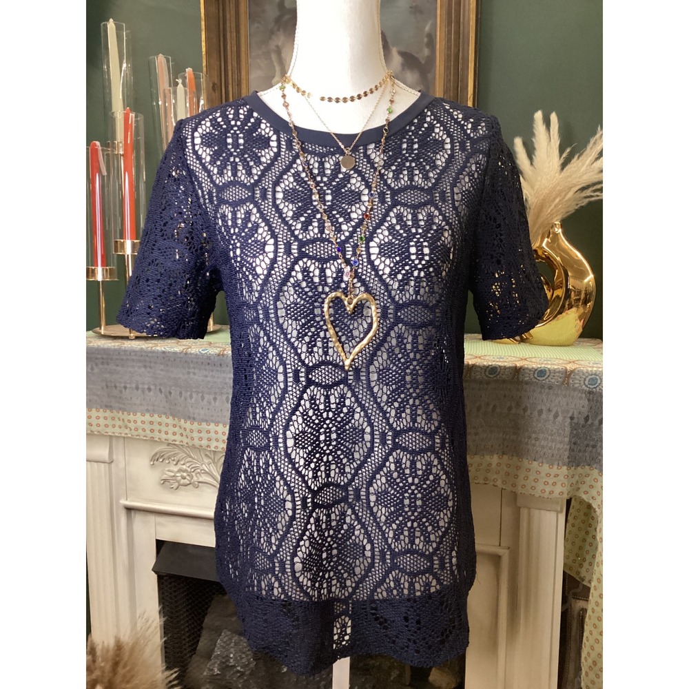 Banana Republic Navy Blue Crochet Lace Short Sleeve Top Exposed Back Zip Medium
